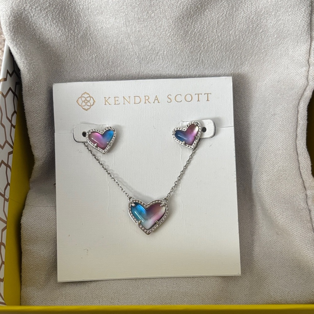 Kendra Scott Pink and Blue Heart necklace and earrings set